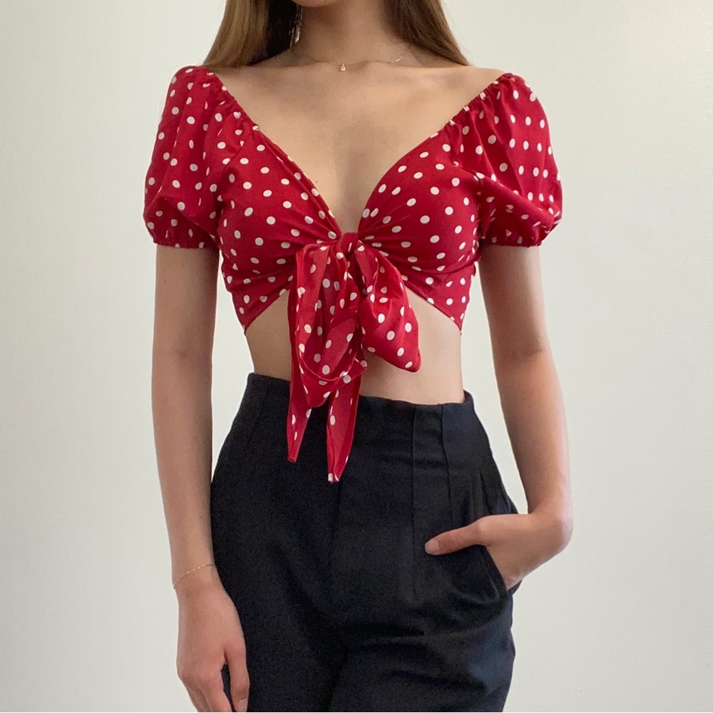 Shein Polka Dot Tie Front Crop Top